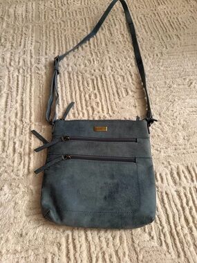 Assots London Blue Leather Crossbody Bag Distressed Vintage Style Multi Zip Pock